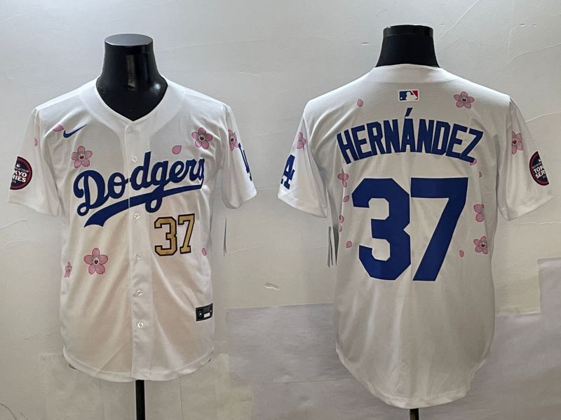 Men Los Angeles Dodgers #37 Hernandez White Sakura Edition 2025 Nike MLB Jersey style 3